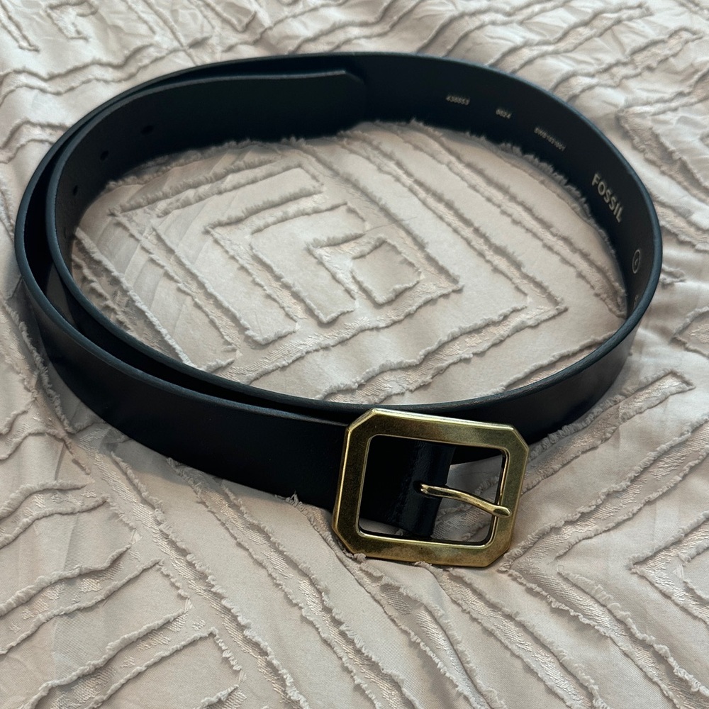 Fossil Black Leather Belt with Gold Square Buckle